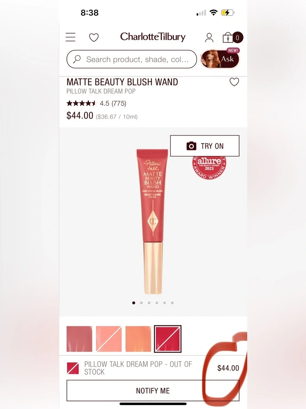 CHARLOTTE TILBURY Pillow Talk Matte Beauty Liquid Blush Wand, Dream Pop